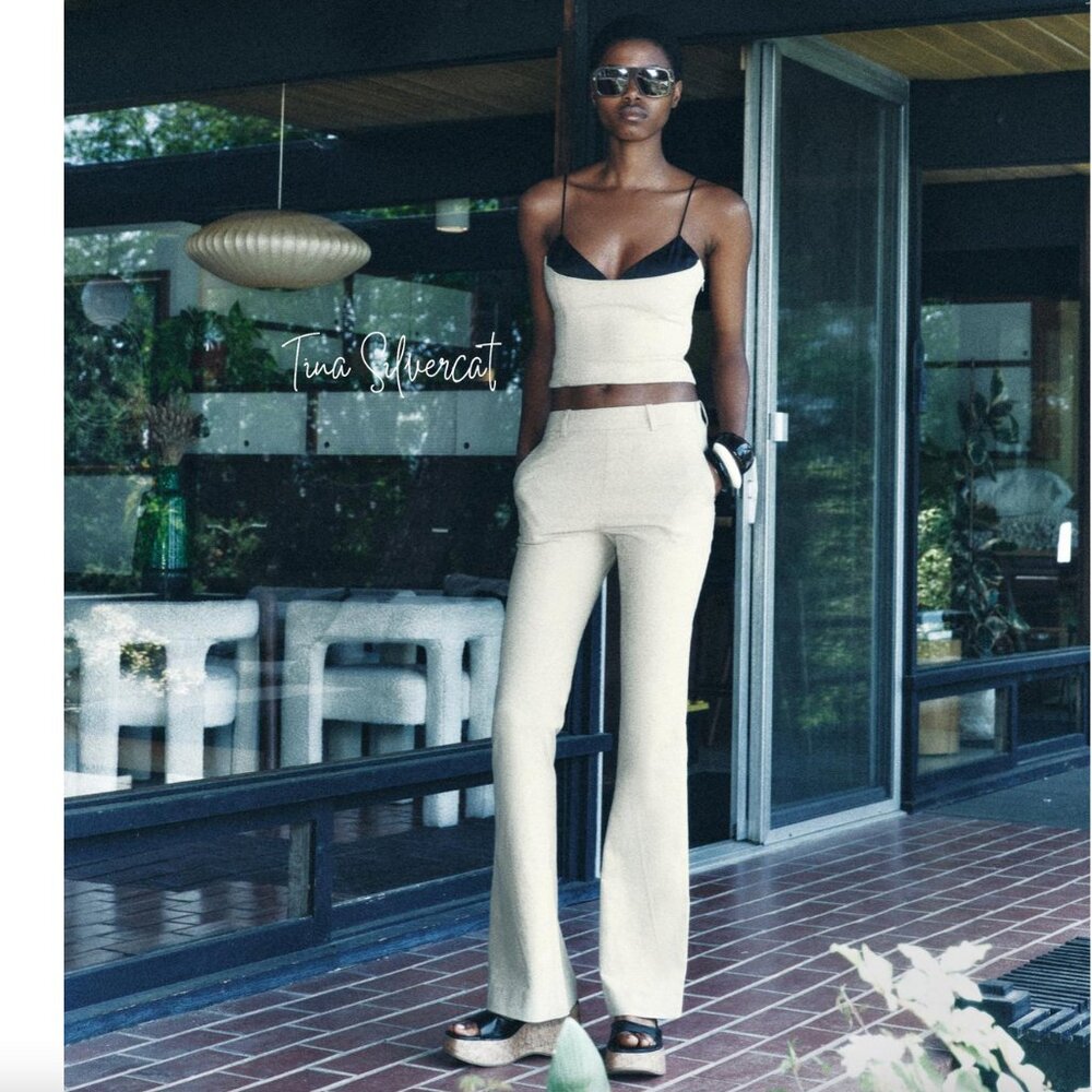 Zara 2 Piece Flared Pants & Matching Tank Top Co ord Set Khaki NWT